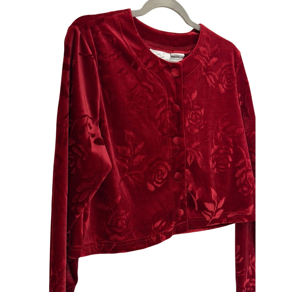 Studio Ease Red Velvet Floral Burnout Cardigan Top PM Rose Cropped Button Front